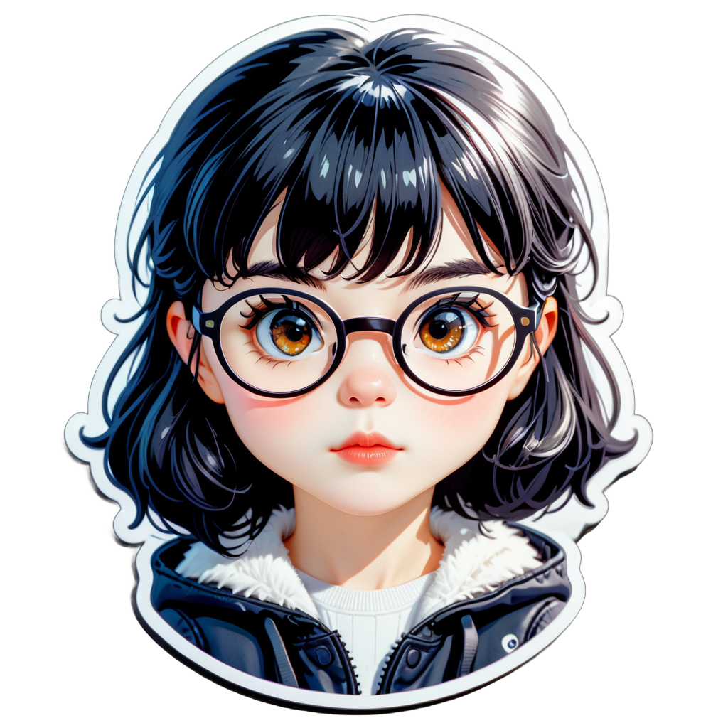 small eyes , black hair , bangs, glasses , girl, white skin, small lips sticker